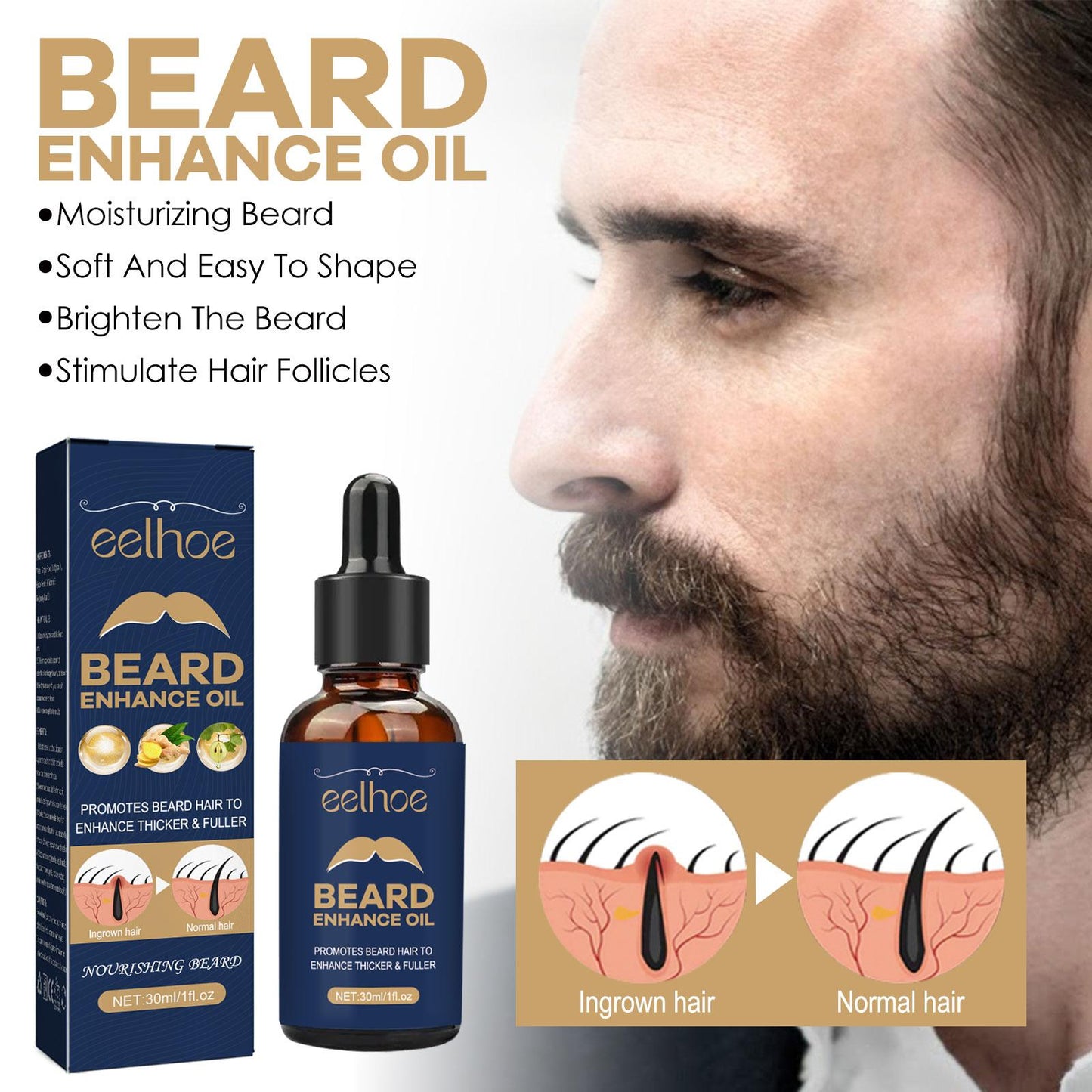EELHOE Beard Care Oil - Strengthen and Nourish Beard Roots Moisturizing and Shine-Enhancing Beard Growth Serum for Men Hair Care Hydrating